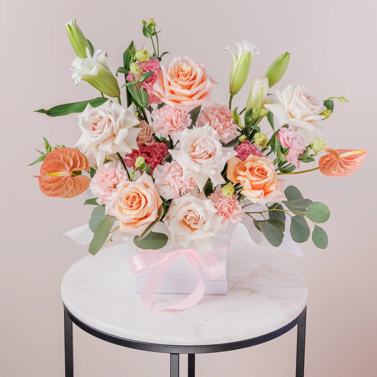 Blushing Beauty Hatbox with Roses, Rose Lilies &amp; Carnations