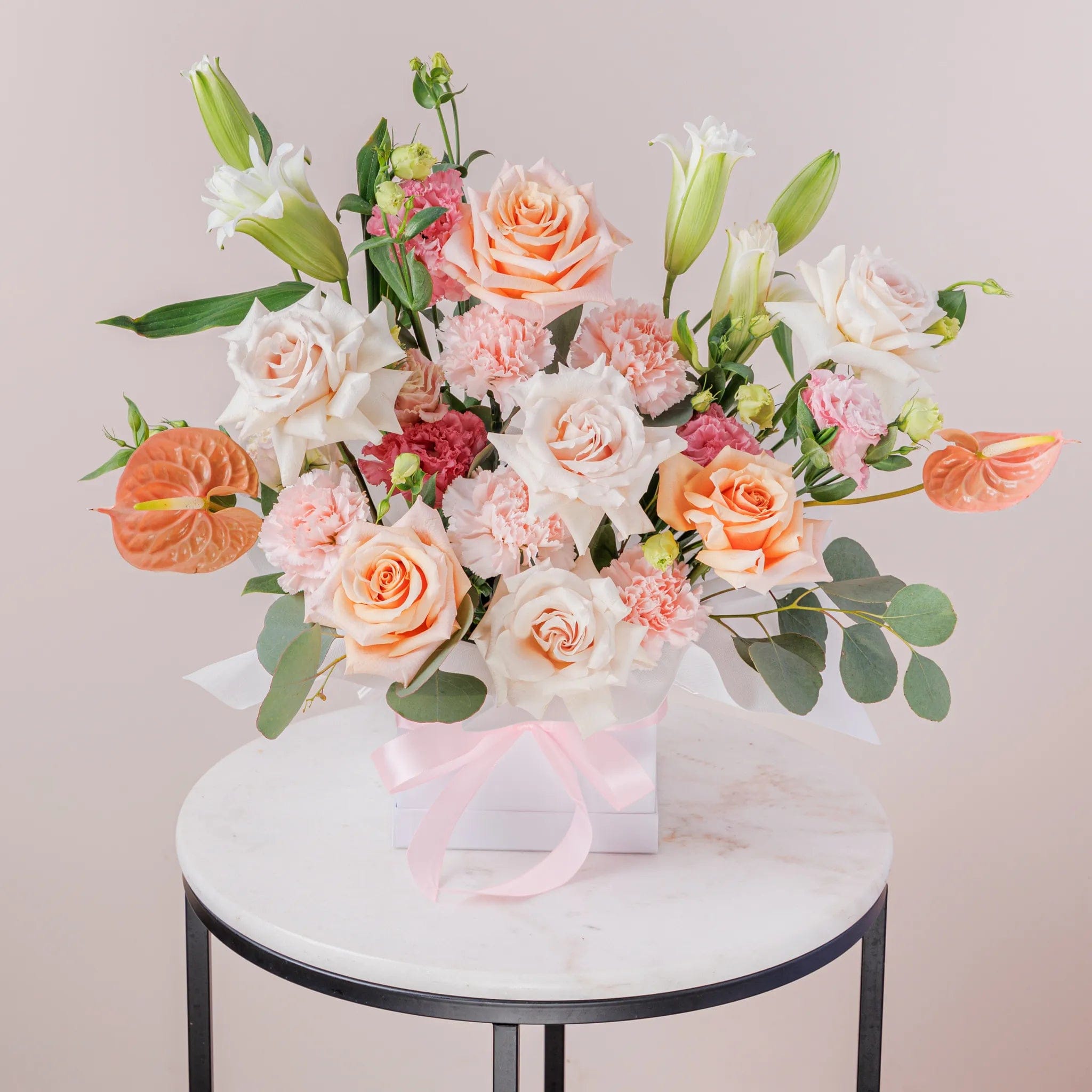 Blushing Beauty Hatbox with Roses, Rose Lilies &amp; Carnations